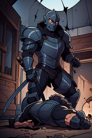 Cartoon, highly detailed, high quality, masterpiece, imposing, entire shot, only one possessed armor, attacking from top to bottom with a sword, dark gray armor, large, intimidating, inside a dark mansion with cobwebs without much detail

