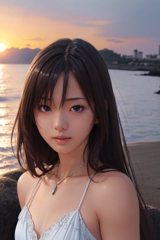 necklace, (((Masterpiece))) , (((raw photo))), (((realistic))), 
,sunset, by the sea, island, birds, portrait,HKFace, off shoulders, ((slender arms)), small breasts, BREAK,
anime, illustration, pretty face, detailed eyes, ,MagenFace,