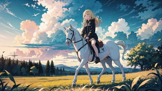  (1girl, solo), (white horse), blonde hair,long hair,wavy gair,cornfield, tree, distant storms, dark clouds, tornado,(mid shot, panorama,depth of field),full body,backlight