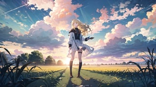  (1girl, solo), (white horse), blonde hair,long hair,wavy gair,cornfield, tree, distant storms, dark clouds, tornado,(mid shot, panorama,depth of field),full body,backlight