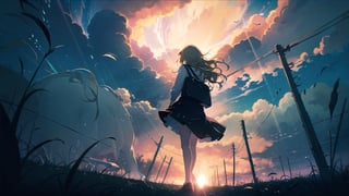  (1girl, solo), (white horse), blonde hair,long hair,wavy gair,cornfield, tree, distant storms, dark clouds, tornado,(mid shot, panorama,depth of field),full body,backlight