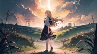  (1girl, solo), (white horse), blonde hair,long hair,wavy gair,cornfield, tree, distant storms, dark clouds, tornado,(mid shot, panorama,depth of field),full body,backlight