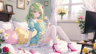 1girl, bloomers, blue_rose, blurry, blurry_background, blurry_foreground, cake, candy, checkerboard_cookie, coin, cookie, cup, depth_of_field, dress, eyebrows_visible_through_hair, flower, food, frills, fruit, gloves, green_dress, high_heels, kneehighs, long_hair, looking_at_viewer, macaron, motion_blur, pink_rose, puffy_short_sleeves, puffy_sleeves, red_rose, rose, shoes, smile, teacup, underwear, white_flower, white_gloves, white_legwear, white_rose, yellow_eyes, yellow_flower, yellow_rose, colors
