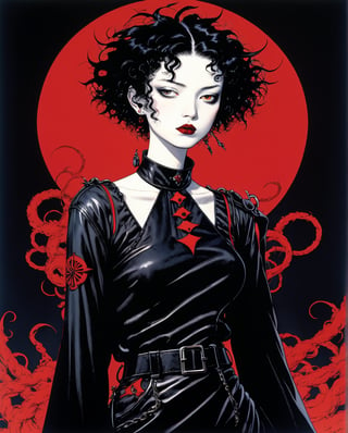 Art style by amano yoshitaka, a full-body, high-resolution anime style of a rebellious teenage female goth with short curly black hair, thin face, intense red lips, gothic fashion, inspired by the works of Yoshiaki Kawajiri, vibrant and edgy, with dramatic lighting and dynamic composition