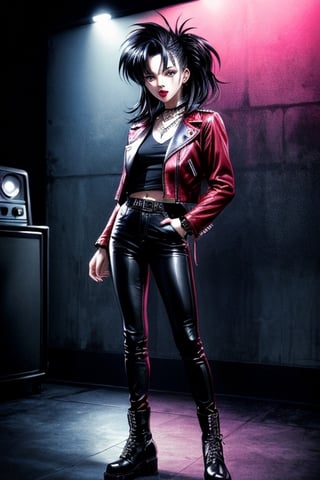 a full-body, high-resolution anime style of a rebellious female punk rocker with 80s-style gothic hair, intense red lips, leather jacket, and tight leather pants, inspired by the works of Yoshiaki Kawajiri, vibrant and edgy, with dramatic lighting and dynamic composition,90s,Retro,more detail XL,gotohdef