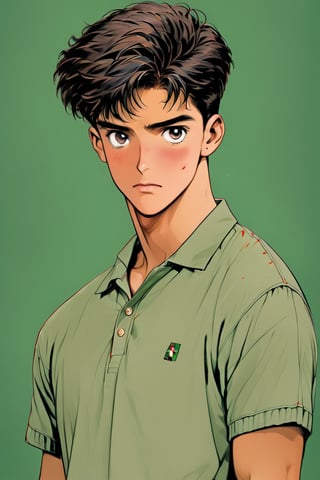 one very handsome male named Omar, olive skin color, short haircut, dark hair, brown eyes, wearing beige chino pants, and a green polo shirt.
