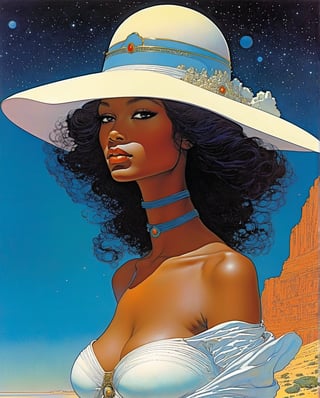 Moebius (Jean Giraud) Style - A picture by Jean Giraud Moebius, ((masterpiece)), ((best quality)), (masterpiece, highest quality), Romantic ebony girl . art style by Moebius