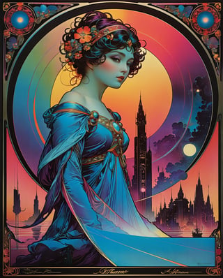 Art Nouveau in the style of Alphonse Mucha, Art style by Masamune Shirow, neon art nouveau, long exposure, wimmelbilder, layered lines, neonpunk, chiaroscuro, best quality, masterpiece, highres, wallpaper, colorful,8K,RAW photo , artchlr,(80s, the dream of space album
cover, in the style of paul
laffoley, distorted figuration,
shwedoff, 1970–present, grid,
technicolor dreamscapes, linear
perspective