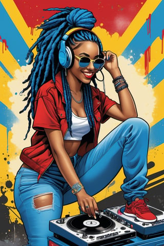 (masterpiece, top quality, super detail, high resolution, best illustration), a black girl graffiti artist, DJ, Music, Black and blue hair dreads, music urban, snapback hat, vigilante, vibrant fan art, backpack, hip-hop, tank top, headphones on ear, spray paint cans accessories, music, sexy, tight clothing smiling, fit, hot, sweaty, blue piercing,  (red, yellow, blue clothing) ( Masterpiece) ( Best Quality),1980s (style),801TTS,retro ink,retropunk style