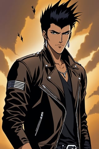 one Male Futuristic punk rocker, co-owner of Stellar Travelers named Max, with a tan skin color, Spiky wild haircut, Black hair, Brown eyes, wearing Black leather jacket, and wearing Dark black skinny jeans