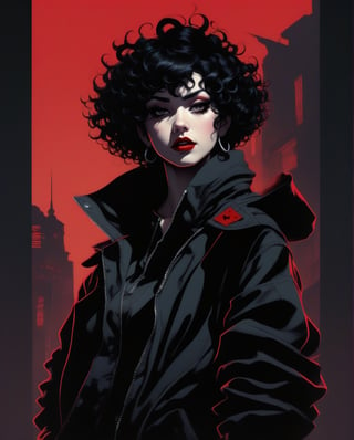 a full-body, high-resolution anime style of a rebellious teenage female goth with short curly black hair, thin face, intense red lips, gothic fashion, inspired by the works of Yoshiaki Kawajiri, vibrant and edgy, with dramatic lighting and dynamic composition, Norman Rockwell style, Vibrant color scheme, Nanette Fluhr, Caricatural, Matte tones, don maitz, minimalist masterpiece, Digital art anime, Flat illustration, elegant lines and shading, dark pastels, color gradient,vaporwave style