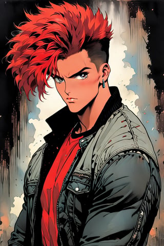 A tall, super muscular man , dressed in black leather jacket, black ripped jeans, short red mohawk hair, big black boots