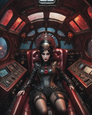 ((mature)) gothic lying ((in a ruby goth cockpit)), (lying on a baroque pilot cockpit), ((gothic control panels everywhere)), (headgear), ((mature)), ruby cockpit, ((vampiric cockpit)), iridescent pilot bodysuit, lace accesories, ((serious tone)), elegant, futuristic, vampiric, full body view from above, action pose, (fisheye), [close up], dark place, dramatic lighting, intricate control panel details, steaming, 1990s (style), in the style of nicola samori, detailed 8k horror artwork,  , Barye Phillips, Robert McGinnis, Harry Schaare, Griffith Foxely