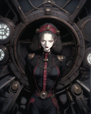 Art style by amano yoshitaka,   ((mature)) gothic lying ((in a ruby goth cockpit)), (lying on a baroque pilot cockpit), ((gothic control panels everywhere)), (headgear), ((mature)), ruby cockpit, ((vampiric cockpit)), iridescent pilot bodysuit, lace accesories, ((serious tone)), elegant, futuristic, vampiric, full body view from above, action pose, (fisheye), [close up], dark place, dramatic lighting, intricate control panel details, steaming, 1990s (style), in the style of nicola samori, detailed 8k horror artwork,  
