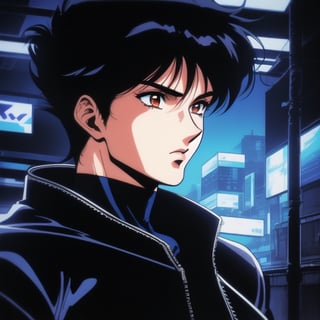 ((portrait, Male, masculine facial features, wide jawline, athletic body, beautiful brown eyes, Gothic fashion outfit, 80s style, short black hair,  leather jacket, leather pants, cyberpunk metropolis,  midnight blue lighting, full body portraite, high contrast, detail, Yoshiyaki Kawajiri, anime, gothic style, 90s,Retro