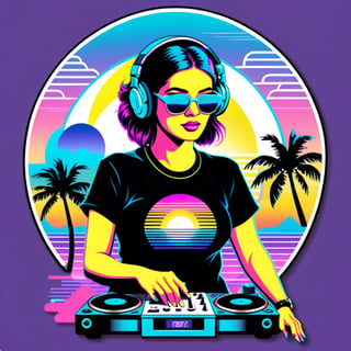 Prompt: 1female dj in front of the sunset, vaporwave style, neon style, smooth lines, vector sticker art, vector core, intricate details, black t-shirt design, 8k,PoP art,vapor_graphic,more detail XL