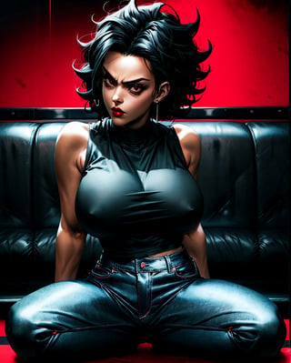 a full-body, high-resolution anime style of a rebellious teenage female punk rocker with short curly black hair, thin face, intense red lips, sleeveless black top, and tight black denim pants, inspired by the works of Yoshiaki Kawajiri, vibrant and edgy, with dramatic lighting and dynamic composition, high detail comic book art, by Raymond Swanland, cg artist,r1ge