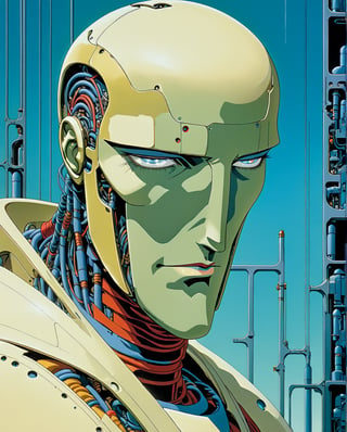 ((masterpiece)), ((best quality)), (masterpiece, highest quality), (masterpiece),(extremely intricate all details)、(extremely realistic all Texture )、(masterpiece), Man with (human head | robot head) in the background by Moebius Jean Giraud, crystal clear art style by Moebius