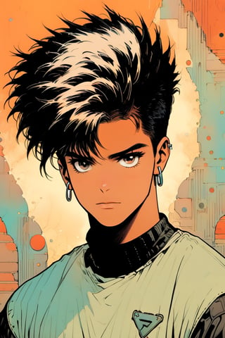 one Male Futuristic punk rocker, co-owner of Stellar Travelers named Max, with a tan skin color,Spiky haircut, Black hair,Brown eyes
