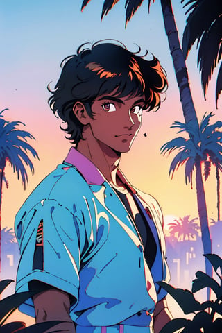 (best quality, masterpiece), 1boy (Extreamly handsome, dark tan skin, 1980s fahion and style), Sunset behind him, palm trees, looking at viewer, contrast, 1980's aesthetic, ultra high texture, high quality, Puffy black hair