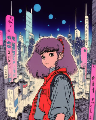 80s aesthetic that includes anime, beautiful girl lookin above with futuristic heather clothes in Tokyo in 1980, light indian ink, Akira distopic city, illustration by Hayao Miyazaki