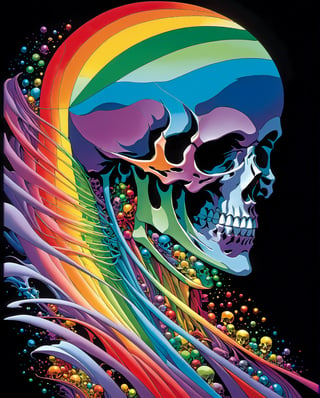 Moebius (Jean Giraud) Style - A picture by Jean Giraud Moebius, ((masterpiece)), ((best quality)), (masterpiece, highest quality), (masterpiece), pixel sorted,Metal polished skeleton painting of man on black background,A rainbow surrounds the skull,Form different structures, breath-taking rendering, Magical rainbow elements,Splendid round rainbow combination,circular composition,Solo, crystal clear art style by Moebius