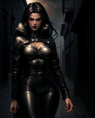 Masterpiece, photorealistic, highly detailed, a young woman with smooth  dark long black hair with bangs and black eyes and black lips, wearing leather jacket and leather pants, standing, looking at camera, in a gloomy smoke filled alley at night with a full moon, high detail comic book art, by Raymond Swanland, cg artist,r1ge