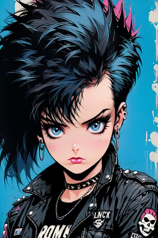Punk girl dressed in leather, with blue eyes, black hair, and fair skin, dressed in punk rock attire