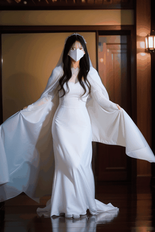 Sinking full body Asian vampire bride disappearing under oversized flowy white bridal cloak covering her face as she disappears under her dress 