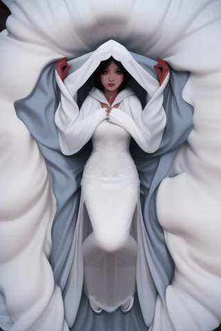 full body falling on the ground Asian ghost bride long floor length white hooded veil cloak, laid on the floor with the bride covering the bride’s face with white veil and liquid coming out of the melting white long sleeve cape chiffon ball gown floor length