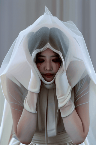 asian witch bride shrinking melting disintegrating getting smaller and buried underneath massive white hooded veil pile, and massive white flowing melted gown 