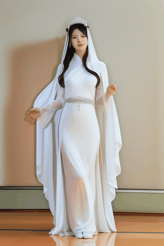 full body laying down foward on the floor asian goddess bride with long white full front covering veil cloak , long white cape, and long floor length white wedding ball  chiffon gown with white long hanfu sleeves