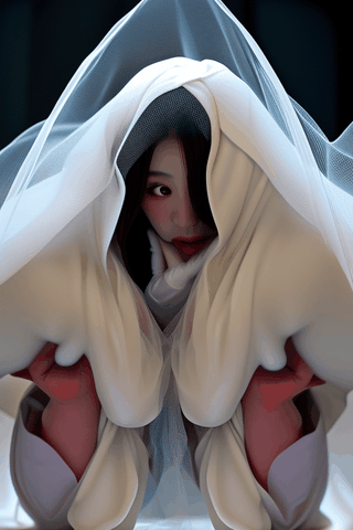 asian witch shrinking melting disintegrating getting smaller going inside buried underneath massive white hooded veil pile , and massive white flowing bubbling gown 