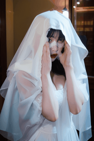 Asian vampire bride disappearing under oversized flowy white bridal cloak covering her face 