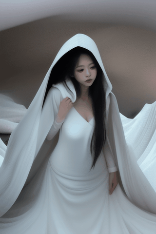 asian witch shrinking melting disintegrating getting smaller going inside buried underneath massive white hooded veil pile, and massive white flowing smoky gown, disappearing scene 