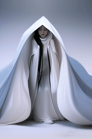 asian witch shrinking melting disintegrating getting smaller going inside buried underneath massive white hooded veil pile, and massive white flowing smoky gown 