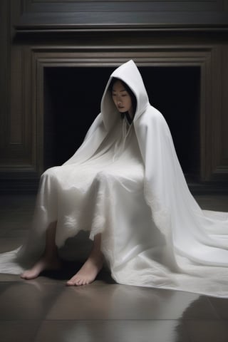 buried underneath a long white hooded lace cape, a shrunken asian bride laying flat underneath a melting long flowing white cape, with body laying on the floor and head only exposed