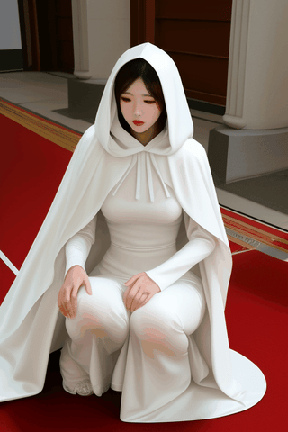 melting down on her knees foward on the floor korean goddess bride with long white full face front covering veil cloak , long white hooded cape, and large long cathedral length white bridal flowing ball gown 