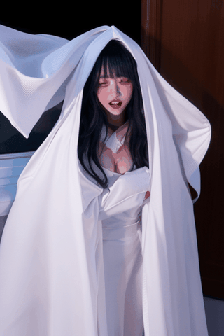 disappearing full body Asian vampire queen gets smaller and gets covered inside by falling collapsing large flowing white hooded veil pile , and large white flowing gown melting