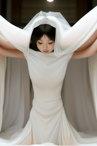 asian bride shrinking disintegrating getting smaller and buried underneath massive white veil pile , and white flowing gown 