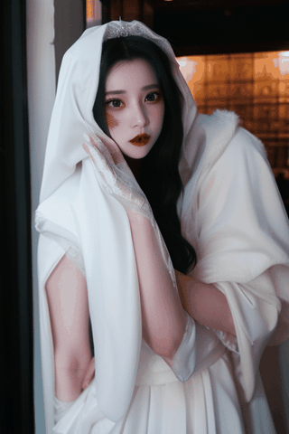 Asian vampire bride wearing a long flowing white bridal cloak descends to her death as she melts inside her dress like the witch of the west