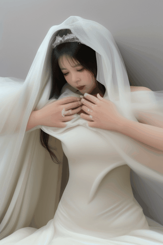 melted asian bride shrinking melting  disintegrating getting smaller and buried underneath massive white veil pile , and massive white flowing bubbling gown 
