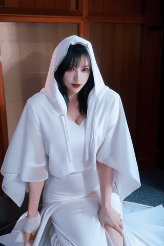 kneeling full body Asian vampire empress shrinking process and gets covered inside falling collapsing large flowing white hooded veil pile , and large white flowing gown falling