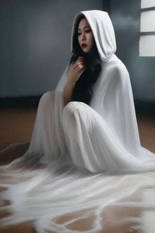 recreate melting witch scene: asian bride in long white hooded veil laying on the floor, melting underneath her cape