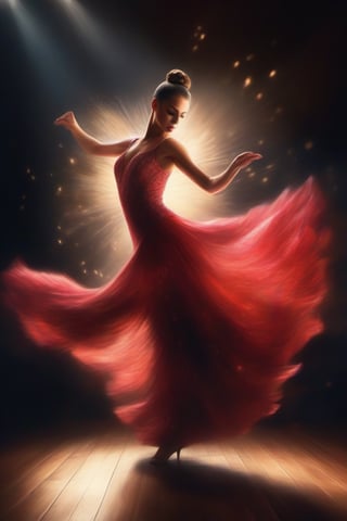 Create an image of a flamenco dancer performing on a wooden floor, her gown illuminated by light rays that pass through its fabric, creating a mesmerizing effect. Sparkling particles float around her as she dances gracefully, a rose elegantly held between her teeth. Her hair is styled in a sleek bun, adding to her sophisticated appearance. The background is dark, emphasizing the dancer's movements and the dramatic lighting, capturing her elegant moves and beautiful posture.