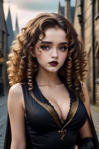 ((best quality)), ((masterpiece)), (detailed), perfect face,a gothic glamorous beautiful girl, photograph, hogwards in the background, make background blur, black V neck cut showing big chests, sleeveless cloths, black and golden color curly hair, small mole on her right chin near her lips, seductive look.elegance look, proud look