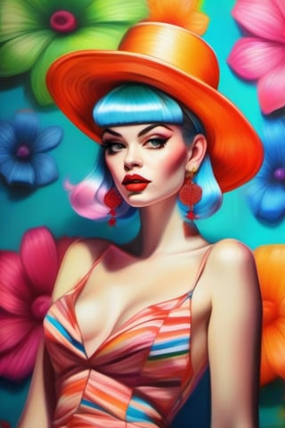 Realistic sketch of an arrogant girl in a colorful striped silky V-neck dress, long flowered hat, neon hair, with floral wallpaper background, vintage pinup, pop art