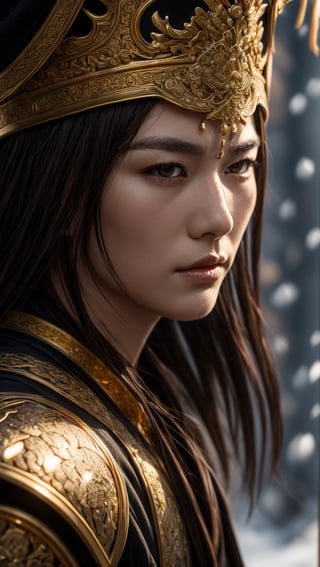 Realistic Chinese king, close up, in temple , full body field , detailed realistic focused high quality face, high perfect sharp eyes, holding sharp swords, furious suitation in place, face, backround snow , adventures, wearing gold, holding sharp swords , holding huge spear and shield, realistic HD face, 