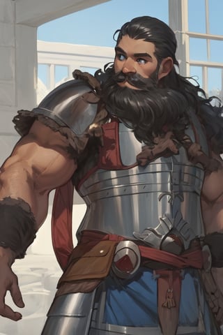 A Dungeons and Dragons (male) dwarven fighter.
Short black hair, piercing blue eyes, long braided black beard. Broad Shoudlers, muscular body.
Wearing highly detailed and elaborate plate armor,1boy