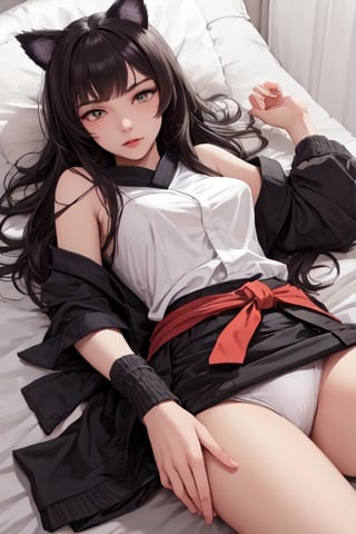 (Long Shot:1.4)), Photograph with realistic style portrays a sexy Blake Belladonna from the anime RWBY. She has medium breasts.
Blake is a fair-skinned young woman with wavy black hair and amber eyes. Her Faunus trait is a pair of black cat ears on top of her head.
Blake's pajamas are a black, long-sleeved, Yukata style shirt with white edging over a purple undershirt and a matching skirt. A black obi is wrapped around her waist and tied with a black and white string. While at Beacon, she wears her bow while sleeping